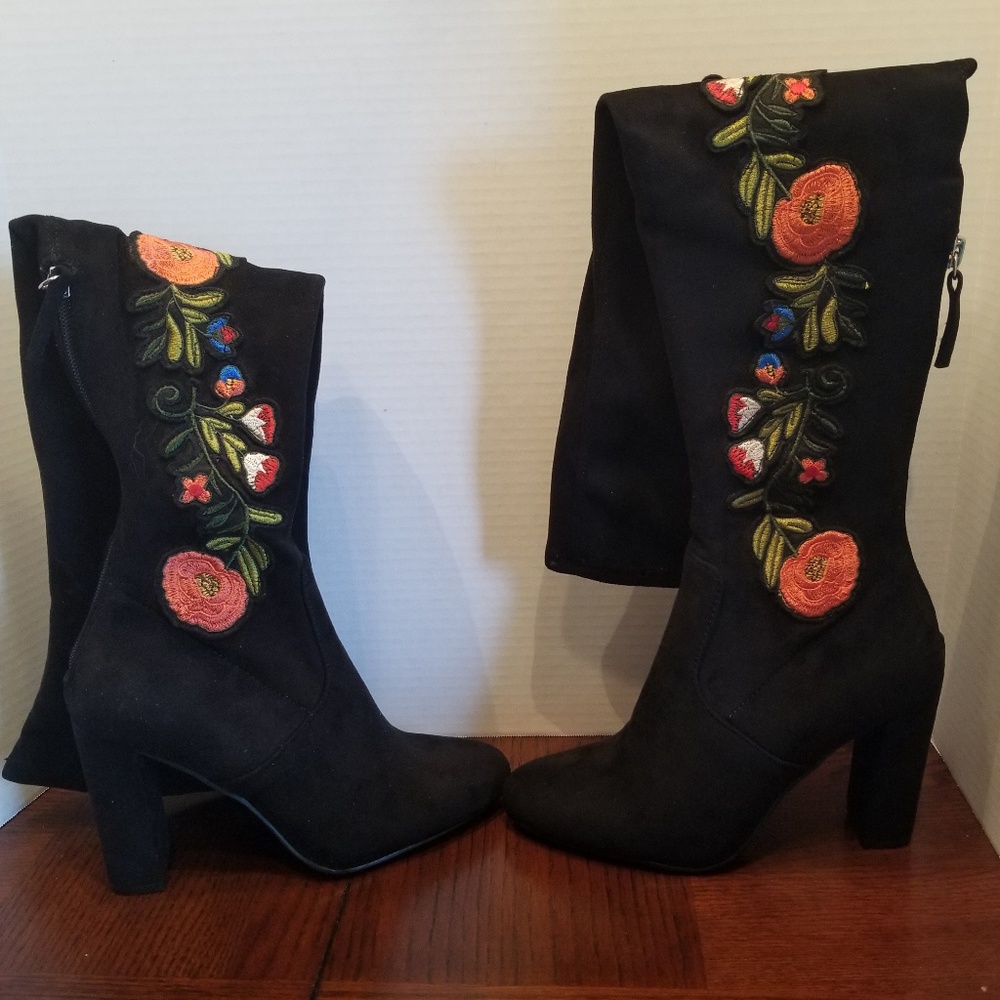 Steve Madden Over the Knee Black Flowered Boots
